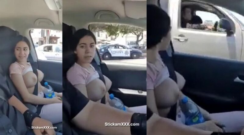 exhibitionist girl, shows her big breasts while driving