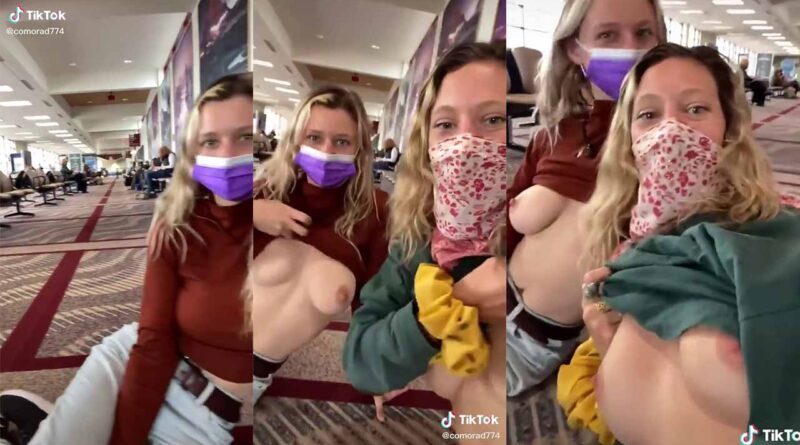 teen girls TIKTOK They show their tits in the airport waiting room