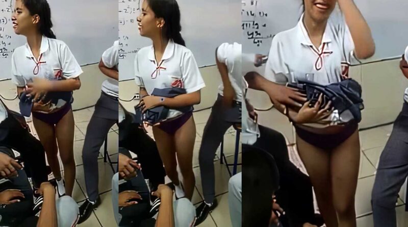 schoolgirl lifts up her skirt so her friends can see her panties