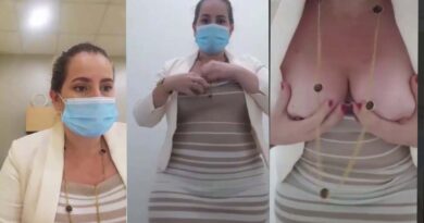 perverted doctor woman goes to the bathroom to show her tits