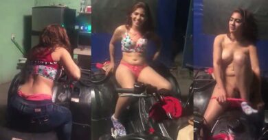 Drunk Latina girl strips naked in the motorcycle shop