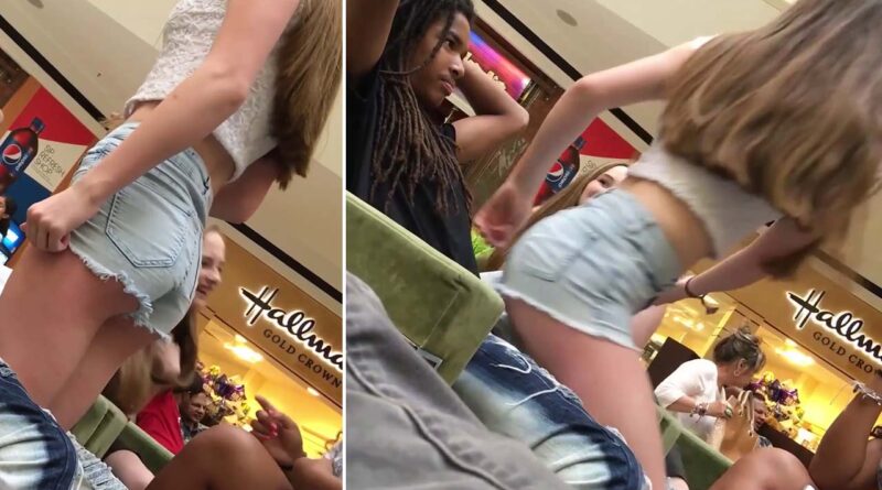 VOYEUR - Shameless Teen Blonde Sits Her Butt On Black Guy - AMateur hidden camera shopping center UPSKIRT