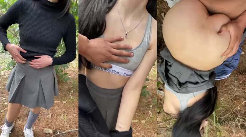 skinny schoolgirl girl with small tits goes to the forest to fuck