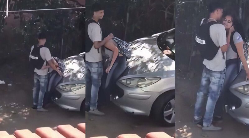 Latina schoolgirl in love is caught giving a blowjob to her friend in public
