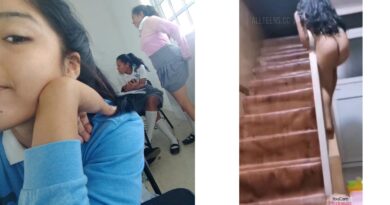 schoolgirl doing crazy things on the stairs of her house