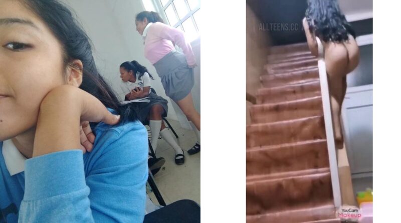 schoolgirl doing crazy things on the stairs of her house